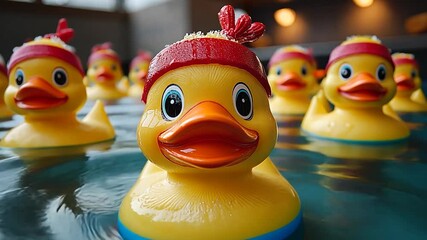Group of cheerful rubber ducks floating in a serene pool setting