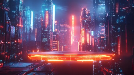 Obraz premium A futuristic city with neon lights and elevated platform