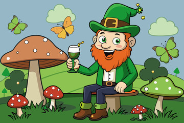 Leprechaun enjoying St Patricks Day with a pint of beer, seated on a mushroom in a scenic, colorful green landscape with butterflies