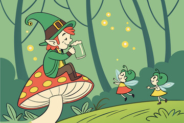 Magical St Patricks Day scene with a leprechaun enjoying a pint of beer on a mushroom, surrounded by fairies and a lush, enchanted forest