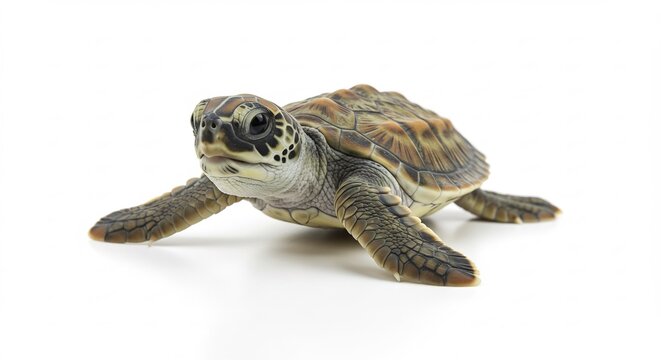 Tiny sea turtle hatchling crawls toward bright light against pure white background. AI Generated