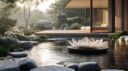 A lotus flower floating in a serene zen garden pond