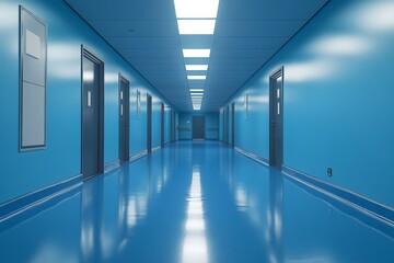 Obraz premium Bright blue hallway with doors in a modern building during daytime