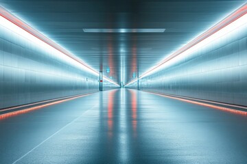 Modern illuminated corridor leading to unknown destination with sleek reflective surfaces