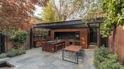 Obraz premium A well-planned backyard kitchen extension with functional zoning for cooking and storage.