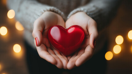 Red Glossy Heart Held in Caring Hands with Golden Bokeh Lights