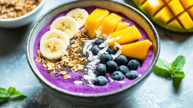 Smoothie asai bowl with banana, mango, blueberries and coconut flakes.  Purple smoothie bowl topped with fresh fruits and granola. Healthy breakfast, superfood nutrition, vibrant plant-based eating.  