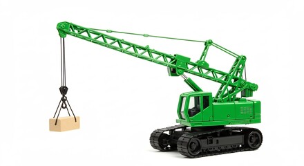 Green toy crane lifts wooden block against bright backdrop. AI Generated