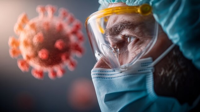 Man in a lab coat is wearing a mask and goggles, looking at a virus. Concept of caution and seriousness, as the man is taking necessary precautions to protect himself from the virus