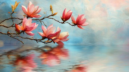 Pink Magnolia Blossoms Reflecting in Calm Water