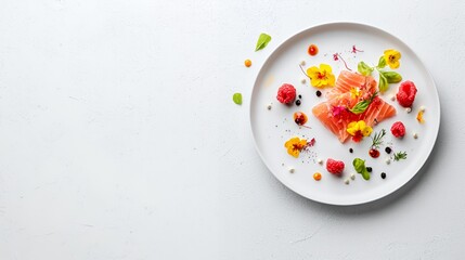Elegant Salmon Dish with Raspberries and Edible Flowers