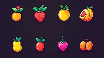 Obraz premium Flat vector icon set of delicious fruits and berries, including strawberry, cherry, pineapple, pear, and watermelon. Playful, colorful design ideal for typography posters, apparel prints