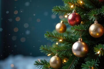 Obraz premium Decorated Christmas tree with gold and silver ornaments, winter, holiday