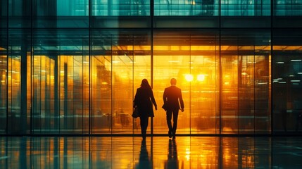 As the sun sets, two professionals walk side by side towards the illuminated glass entrance of a contemporary office building, their silhouettes framed by warm orange hues