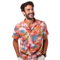 A man wearing a colorful Hawaiian shirt is smiling isolated on transparent background