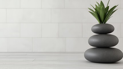 Stack of Gray Stones with Small Green Plant Against White Tile Background