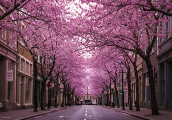 Obraz premium Pink blossoms softly illuminate tranquil city street scene. AI Generated