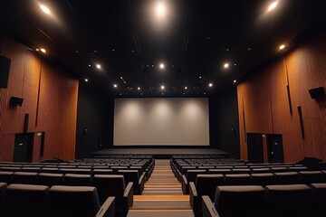 Modern cinema hall with empty seats ready for the next film screening in an urban location