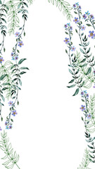 Watercolor frame with red flower, pansies and green meadow plants