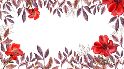 Watercolor frame with red flower, pansies and green meadow plants