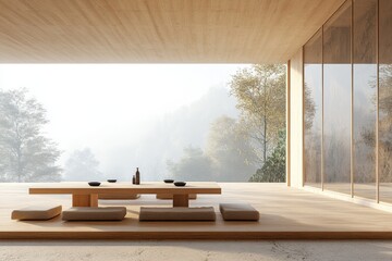 Serene wooden dining space in modern architecture surrounded by nature at dawn