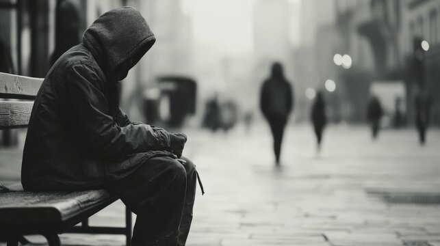 Fototapeta Lonely man sitting on a park bench in a city street, cold weather.