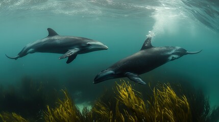 Two dolphins gracefully swimming through vibrant underwater kelp forest, showcasing marine life