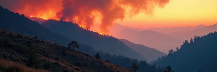 Fototapeta premium Burning hillside with smoke rising high in valley below, wilderness, fire, smoke