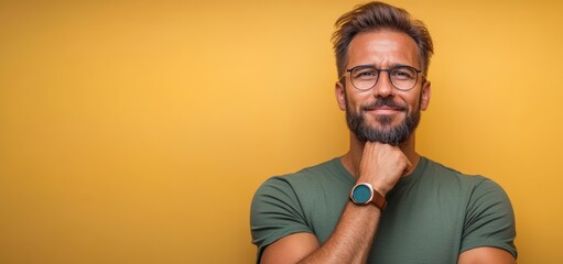 Obraz premium Man with glasses is standing in front of a yellow wall. He is wearing a green shirt and a watch. He is looking at the camera with a thoughtful expression on his face