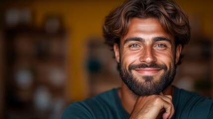 Man with a beard and a smile is posing for a picture. He is wearing a green shirt and has a relaxed expression