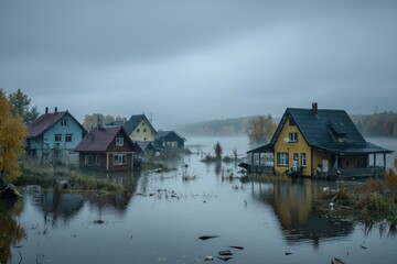 Fototapeta premium Flooded houses in rural area submerged under water, overcast sky
