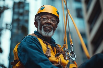 Experienced worker rappelling from a high building in an urban cityscape with towering structures around