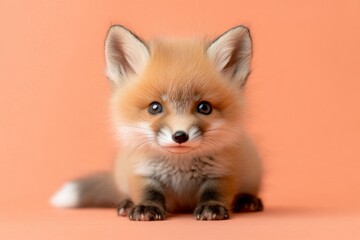 Obraz premium Cute fox cub sitting on a soft orange background with bright eyes and fluffy fur