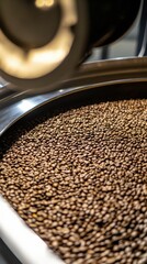Obraz premium Freshly roasted coffee beans cooling in a commercial roaster, capturing the rich aroma and premium quality of gourmet coffee.