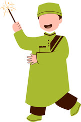 Muslim kid playing sparkler illustration. Kid celebrating Eid Al fitr.