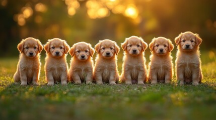 Adorable golden retriever puppies in a row