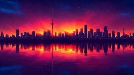 Vibrant City Skyline at Sunset with Water Reflection