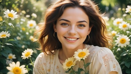 young woman smiling in a daisy garden. serene portrait of a woman with daisies. natural beauty with floral background