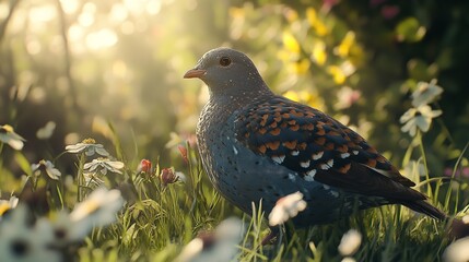 Enchanting Bird in Serene Floral Setting at Golden Hour
