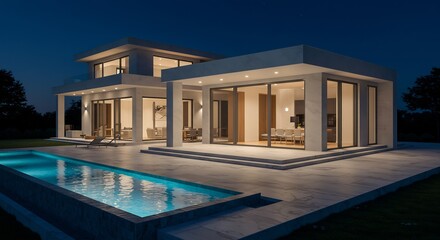 Fototapeta premium Modern villa glows softly at twilight poolside serenity. AI Generated