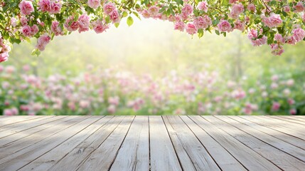 Pink Roses Blooming in a Spring Garden with Wooden Deck