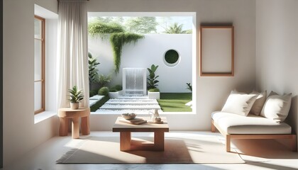 A bright, modern bedroom that seamlessly blends indoor and outdoor living. Mockup of frame.
