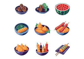 Vibrant Food Vector Illustration: Watermelon, Skewered Meat, and Vegetables - Perfect for Culinary Design