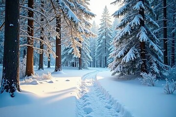 A blanket of freshly fallen snow covers a quiet forest floor, snowy forest, snow-covered trees, frosty ground