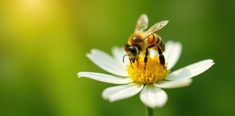 A bee collecting nectar from a single white flower, flowers, honey, pollen