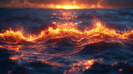 Obraz premium Fiery Waves at Sunset – Surreal Ocean with Glowing Water