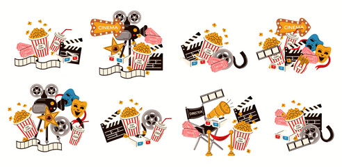 Illustration featuring all elements of a perfect movie night, including a film reel, directors chair, clapperboard, popcorn, and cinema sign, drawn in a bold vector style.