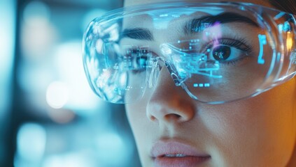 Close-up of a woman wearing augmented reality headset displaying holographic digital interface representing future technology innovation and virtual interaction