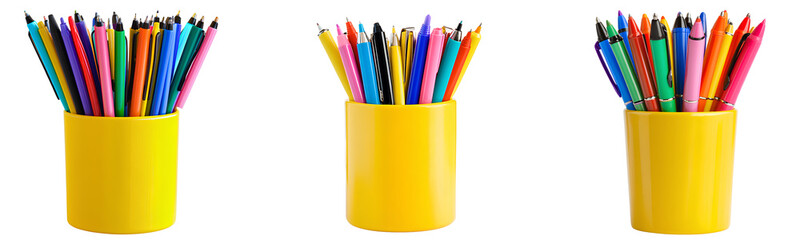 Fototapeta premium Colorful pens in a yellow pen holder, isolated on a transparent background