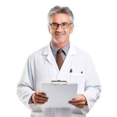 A man wearing a white lab coat and glasses holding a clipboard isolated on transparent background